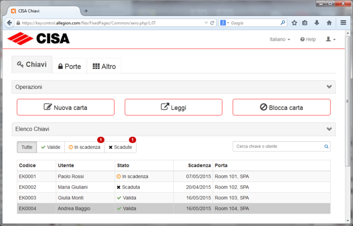 Pagina principale con filtro Tutte evidenziato