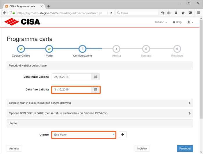 Programma carta - step 3 - configurazione (Validity end date e User evidenziati)