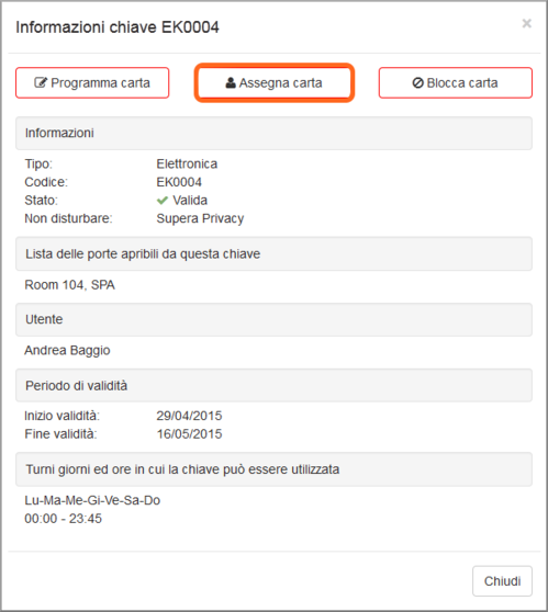 Informazioni chiave con tasto Assegna carta evidenziato