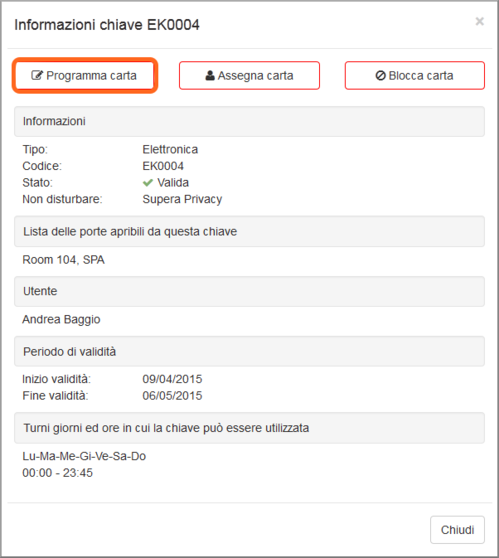 Informazioni chiave con tasto Programma carta